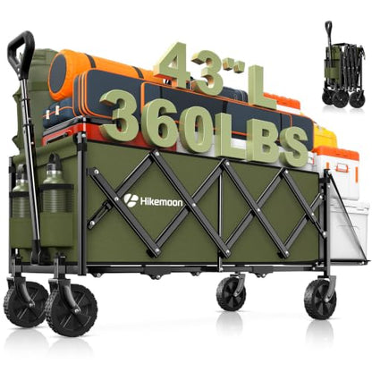 HIKEMOON 43'' Extra Long Folding Wagon with Extended Tailgate, Green - color: Army Green
