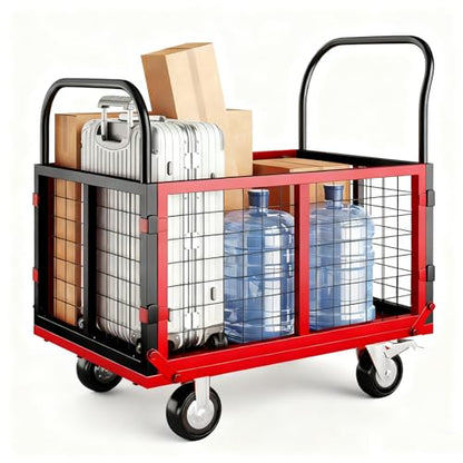 GarveeTech Platform Truck with Cage, 6-in-1 Multi-Purpose Flatbed Cart - color: Black+red