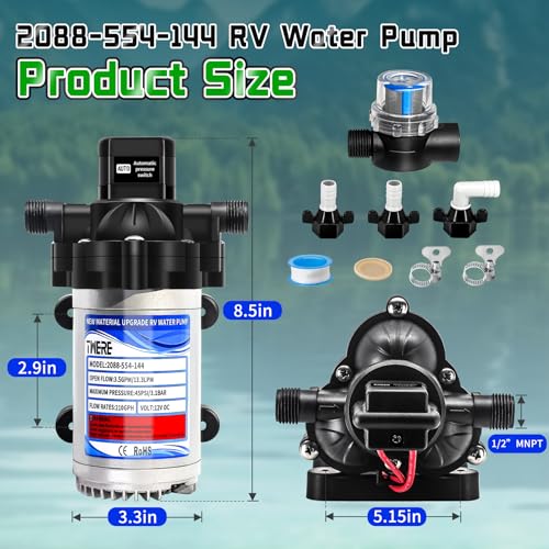 12V Fresh Water Pump,2088-403-144/2088-554-144 Diaphragm RV Pump,45 PSI 3.5 Gallons Per Minute RV Water Pump with 1/2MNPT Connection for Agricultural Spraying RV Marine Yacht - color: Silver1