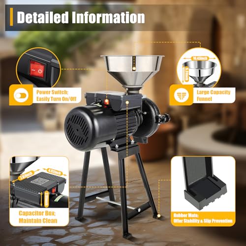 Electric Grain Grinder Mill,110V 1500W Commercial Corn Mill Grinder Machine Feed Mill Wheat Grinder, Thickness Adjustable Flour Mill Cereals Grinder with Stainless Steel Funnel 1400r/m - color: Dry & Wet Grinder All Black
