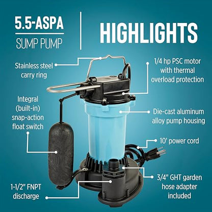Little Giant 5.5-ASPA 115V, 1/4 HP Aluminum Automatic Sump Pump, 10' Cord