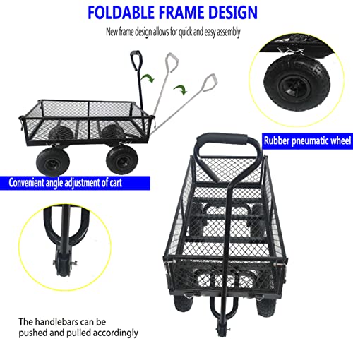 Steel Garden Cart, 2-in-1 600 lbs Heavy Duty Utility Wagon, with Removable Mesh Sides to Convert into Flatbed, 240° U-Turn 10" Pneumatic Tires Garden Wagon for Farm Yard Lawn Garden Camping (black) - color: Black