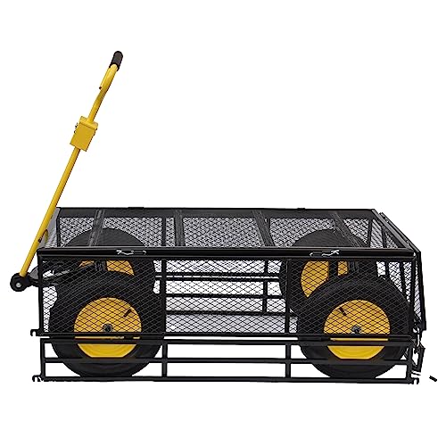 Heavy-Duty Iron Garden Cart Wagon with 1100 lbs Capacity, 15 inch Pneumatic Tires for Firewood, Debris & Outdoor Tasks - 55" L x 24" W x 46.8" H,Yellow & Black - size: 1100 LBS
