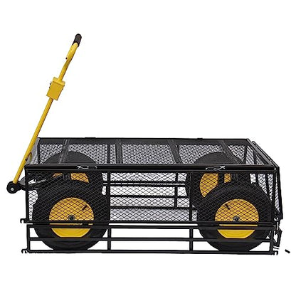 Heavy-Duty Iron Garden Cart Wagon with 1100 lbs Capacity, 15 inch Pneumatic Tires for Firewood, Debris & Outdoor Tasks - 55" L x 24" W x 46.8" H,Yellow & Black - size: 1100 LBS