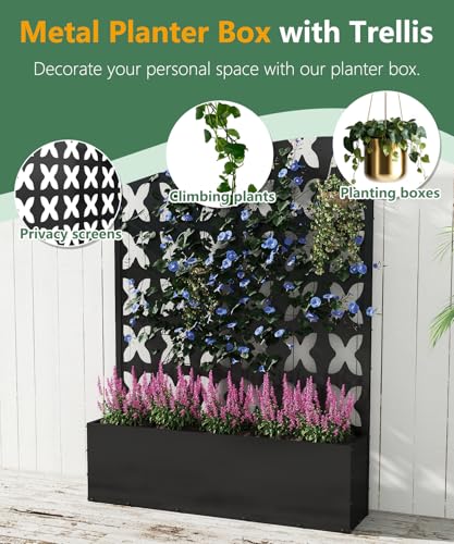2PCS Metal Planter Box with Trellis,70.9"x47.2"x15.7" Raised Garden Bed with Drainage Holes, Privacy Planters for Outdoor Garden Bed for Climbing Plants,Vegetables,and Vines, Black-X - color: Black