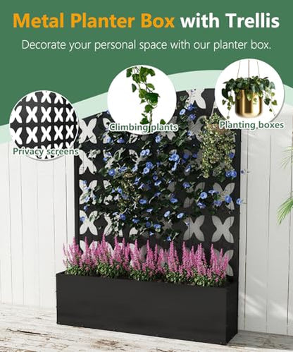 2PCS Metal Planter Box with Trellis,70.9"x47.2"x15.7" Raised Garden Bed with Drainage Holes, Privacy Planters for Outdoor Garden Bed for Climbing Plants,Vegetables,and Vines, Black-X - color: Black