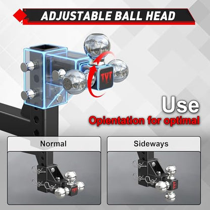 TYT Adjustable Tri-Ball Trailer Hitch for 2 inch Receiver, 5" Drop/Rise, Triple Balls (1-7/8", 2", 2-5/16"), 10,000 lbs GTW, 1,000 lbs TW, Includes Hitch Pin Lock & Tri Pins - size: Tri-Ball, 5" Drop/Rise