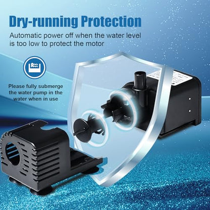 ECO-WORTHY 216 GPH Solar Powered Water Fountain Pump Upgraded Dry-run Protection Brushless Submersible Pump 12V-24V DC with 16.4ft(5M) Power Cord, 7.8 ft High Lift，2Nozzles for Pond, Aquarium