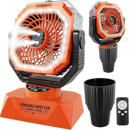 Roykaw 48Hrs Golf Cart Misting Fan, 2-in-1 Large Golf Cart Fan & Camping Fan w/ 2 Spray Modes/4 Powerful Speeds/3 Ultra-Bright LED Lights/Oscillation, with Detachable Base & Cup Holder for Golf Cart