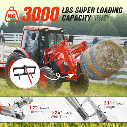 49" Hay Spear Attachment, 3000 LBS Loading Capacity Bale Spears Frame, Heavy-Duty Skid Steer Loader Tractor Attachment with 2 Pcs 17.5" Stabilizer Spears, Quick Attach Spike Forks