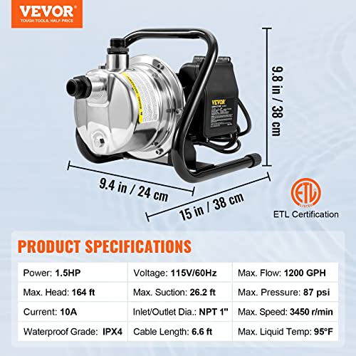 VEVOR Shallow Well Pump,Garden Jet Pump, 1.5 HP 115V, 1200 GPH 164 ft Height, Stainless Steel Sprinkler Booster Jet Pumps for Garden Lawn Irrigation system, Lake Fountain, Water Transfer - style: 1.5 HP with Handle