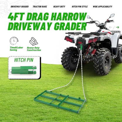 WUTIST 4FT Drag Harrow, Heavy Duty Tow-Behind Driveway Grader with Adjustable Bars & 72 in Chain Compatible with ATV, UTV, Tractor & Mower, Designed for Leveling Soil, Grass, Gravel - color: 4FT-Green