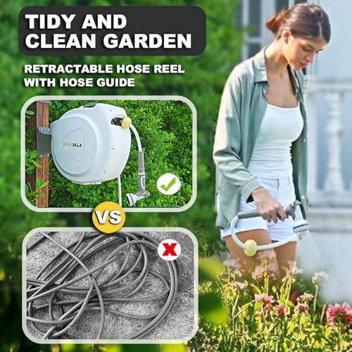 Retractable Garden Hose Reel, 1/2 in 75+6ft, Heavy Duty Wall Mounted Water Hose Reel, Spring power Automatic Rewind, Any Length Lock, 180° Swivel Bracket, 10 Pattern Spray Nozzle - size: 1/2“ 75FT