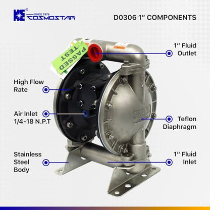 COSMOSTAR D0306 1" Stainless Steel Double Air Diaphragm Pump, Aluminum Body, Teflon Ball, seat and Diaphragm, Pump Muffler, Pump, Chemical Pump, Waste Oil Pump, Pneumatic Oil Pump, Diaphragm Pumps - size: D0306 1" Stainless Steel