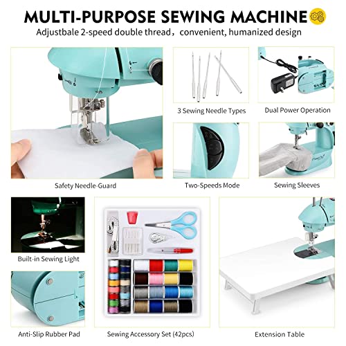 Magicfly Mini Sewing Machine with Extension Table, Dual Speed Portable Sewing Machine for Beginners with Light, Sewing Kit for Household Use, Blue - color: blue