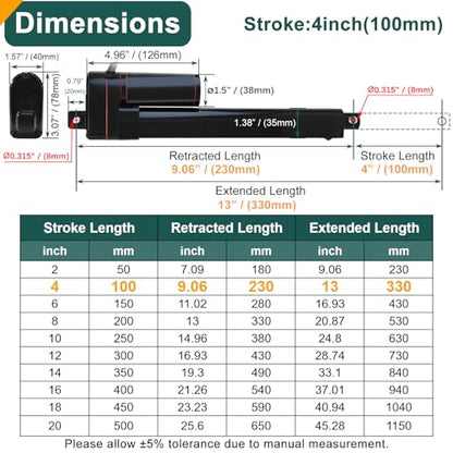 JQDML 4 Inch Stroke Linear Actuator 12V 440 lbs Heavy Duty IP65 Waterproof - size: 4"