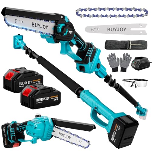 2-in-1 Electric Pole Saws for Tree Trimming, 6 Inch Mini Chainsaw Cordless with Extension Pole, 2 x 4000mAh Batteries,Battery Powered Pole Chain Saw, Tree Trimmer Limb Branch Cutter Pruner - color: Blue