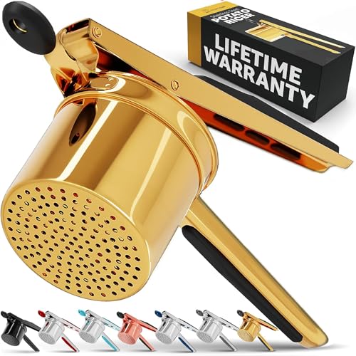 PriorityChef Large 15oz Potato Ricer, Heavy Duty Stainless Steel Potato Masher and Ricer Kitchen Tool, Press and Mash Kitchen Gadget For Perfect Mashed Potatoes - Everytime, Gold and Black - color: Gold