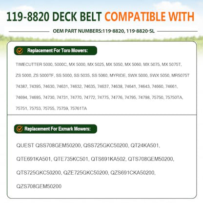 119-8820 Deck Belt 1/2"x141.5" Replacement for Toro Exmark Aramid Cord - size: 119-8820