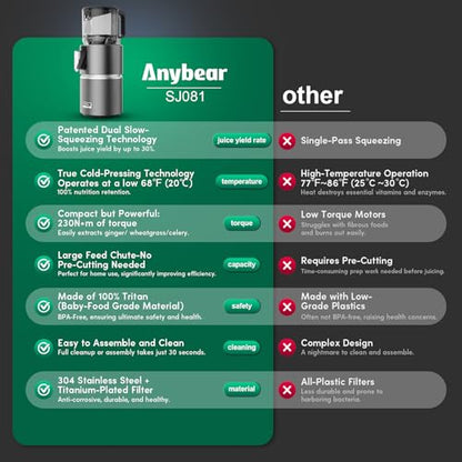 Anybear 350W Cold Press Juicer, Makes Juice & Sorbet & Nut Milk + Recipe