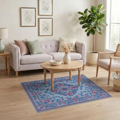 4'x6' Pink Blue Chinoiserie Floral Medallion Washable Area Rug - color: Blue/Pattern 10, size: 4' x 6' (Rectangular)