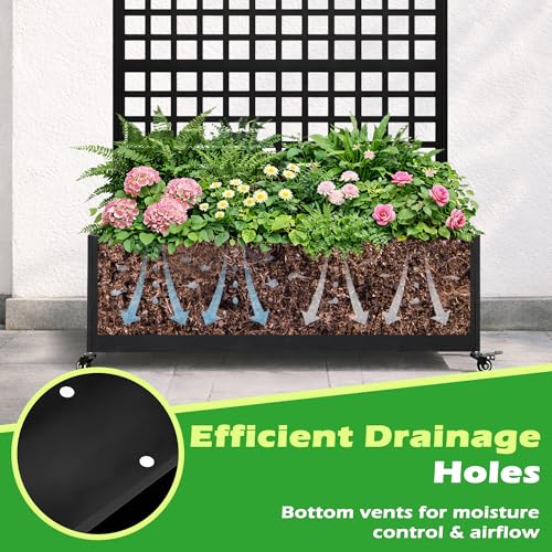 Metal Raised Garden Bed with Slatted Trellis and Wheels, 43” L x 16” W x 71” H Privacy Screen for Climbing Plants, Metal Planter Box with Drainage Holes (Black -Grid Trellis) - color: Black -Grid Trellis
