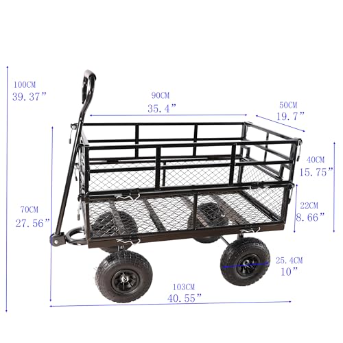 Heavy Duty Garden Wagon with Foldable Sides, Pneumatic Tires, Adjustable Handle (Black Double Layer) - color: Black Double Layer