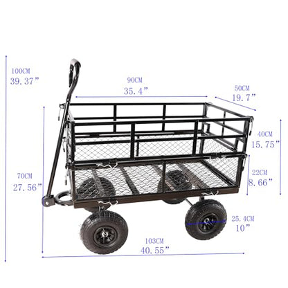 Heavy Duty Garden Wagon with Foldable Sides, Pneumatic Tires, Adjustable Handle (Black Double Layer) - color: Black Double Layer