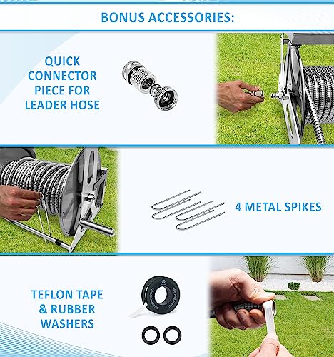 Morvat Stainless Steel Metal Water Hose Reel for 150FT Hose, Retractable Garden Hose Holder with Storage Shelf & Crank, Wall/Floor Mount, Includes 5Ft Leader Hose with ON/OFF Valve & Accessories - style: 150FT Reel