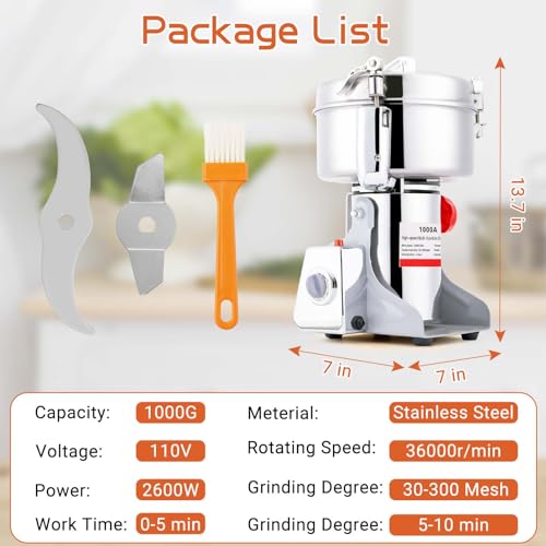 BI-DTOOL Electric Grain Mill Grinder 1000g Stainless Steel Pulverizer 36000r/min High-speed Grain Mill 2600W Dry Material Grinding Machine 270° swingable Superfine powder for Home and Commercial - size: 1000G