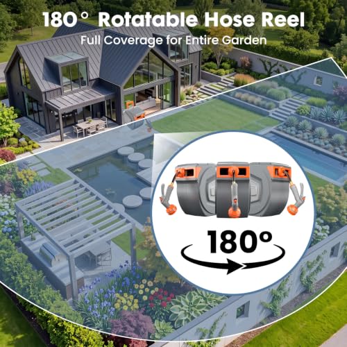 DUMOS Retractable Garden Hose Reel, 1/2 in X 130 ft Water Hose with Nozzle - color: Orange and Grey, size: 1/2" x 130 FT