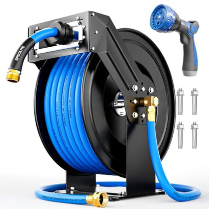 SPECILITE Retractable Garden Hose Reel with 5/8" 100ft Hot/Cold Water Pipe - color: Blue, size: 5/8'' 100 FT