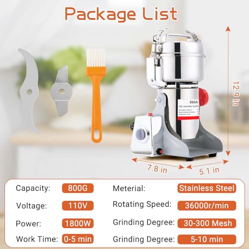 BI-DTOOL Electric Grain Mill Grinder 800g Stainless Steel Pulverizer 36000r/min High-speed Grain Mill 1800W Dry Material Grinding Machine 270° swingable Superfine powder for Home and Commercial - size: 800G
