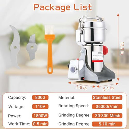 BI-DTOOL Electric Grain Mill Grinder 800g Stainless Steel Pulverizer 36000r/min High-speed Grain Mill 1800W Dry Material Grinding Machine 270° swingable Superfine powder for Home and Commercial - size: 800G