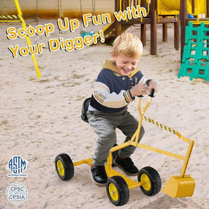 Costzon Kids Ride On Digger, 360° Seat Rotatable Excavator Crane Toy for Sand, Dirt, Snow, Heavy Duty Steel Beach Sandbox Sit on Digger for Boys Girls Outdoor Play (with Wheels) - style: w/ 4 Wheels