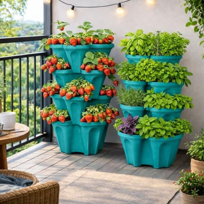 Large Vertical Planter Tower, 4 Tier Stackable Garden Planter, 16 Plant Sites, Heavy Duty Strawberry Planter, Vertical Growing System with Center Hole, Made in USA (Mineral Teal, Large) - color: Mineral Teal, size: Large