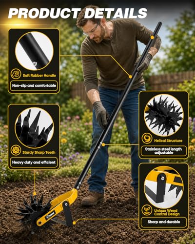 Saker 2-in-1 Rotary Cultivator Hand Tiller with Long Handle