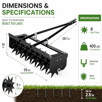 35-Inch Lawn Aerator Tow Behind with 8 Star Tines for Tractors and ATVs