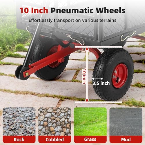 Heavy Duty Steel Garden Dump Cart, 880LBS Meatl Utility Wagon with Removable Sides & 180° Rotating Handle, Utility Dump Cart with 10-Inch All Terrain Wheels for Yard Lawn and Farm