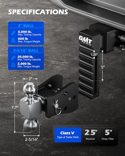 OMT Adjustable Trailer Hitch, 2.5" Receiver, 20000 lb GTW - size: 2.5" Receiver 5" Drop & Rise