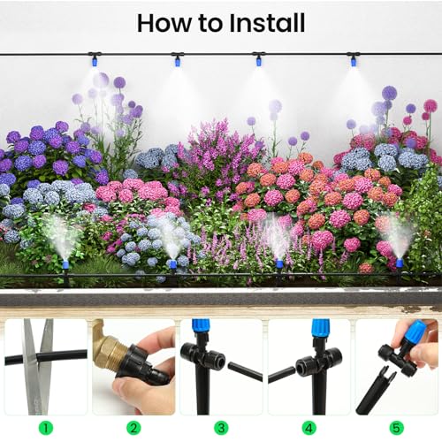 MIXC 65FT Drip Irrigation System, Quick Connect Misting System, 15 Nozzles - size: 65FT(Updated)