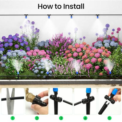 MIXC 65FT Drip Irrigation System, Quick Connect Misting System, 15 Nozzles - size: 65FT(Updated)