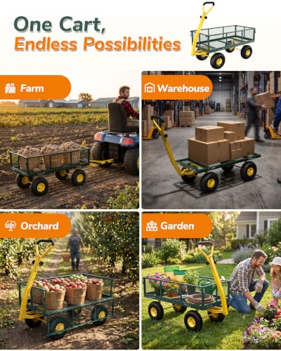 Firstness 900lbs Metal Garden Wagon Cart Large Garden Cart on Wheels, Green - color: Green, size: Updated 900 Lbs