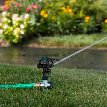 Melnor 65152AMZ Plastic Pulsating Sprinkler on Metal Spike, Quick Connect Amazon Bundle, Black, Green - style: Metal Spike, Plastic Head