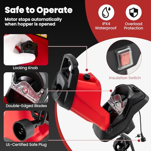 15 Amp Electric Wood Chipper Shredder, Corded Wood Mulcher Shredder with Plunger, Collection Bag & 15:1 Reduction, Garden Shredder with Wheels for Branches, Leaves, Waste(Red)