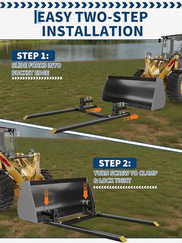 Heavy Duty Clamp-on Pallet Forks 60", 2000 LBS Capacity with Adjustable Stabilizer Bar for Tractor Loader Bucket & Skid Steer Attachments