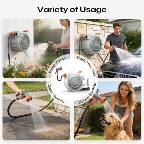 Retractable Garden Hose Reel, 5/8 Inch 100FT Wall Mounted Heavy Duty Garden Hose Reel with 9 Patterns Nozzle, Any Length Lock, Upgraded Slow Return System and 180°Swivel Metal Bracket (5/8" 100FT) - size: 5/8" 100FT