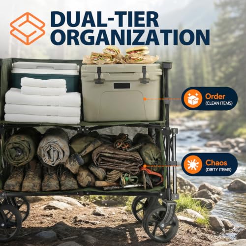 Sekey Double Decker Wagon, 500LBS Heavy Duty Collapsible Utility Cart with 400L Capacity & Extended Lower Shelf, Fits 10x10 Canopy, Foldable Garden Wagon with Big Wheels & Brakes for Sports & Beach - color: Army Green