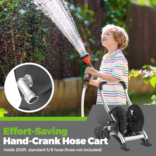 Upgrade Hose Reel Cart, Holds 200 Feet of 5/8" Hose, Hose Reel Cart With Effort-saving Hand Crank,2 Wheels,Heavy Duty Freestanding Water Hose Reels for Outside Garden Lawn Yard Outdoor - color: Gray