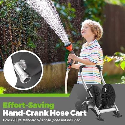 Upgrade Hose Reel Cart, Holds 200 Feet of 5/8" Hose, Hose Reel Cart With Effort-saving Hand Crank,2 Wheels,Heavy Duty Freestanding Water Hose Reels for Outside Garden Lawn Yard Outdoor - color: Gray